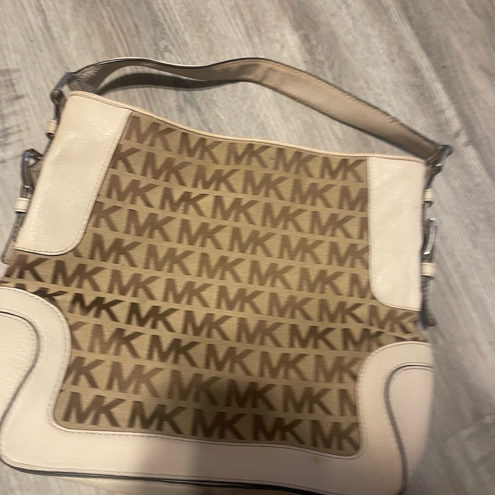 Michael Kors Tan and Cream Shoulder Bag with Monogram Pattern